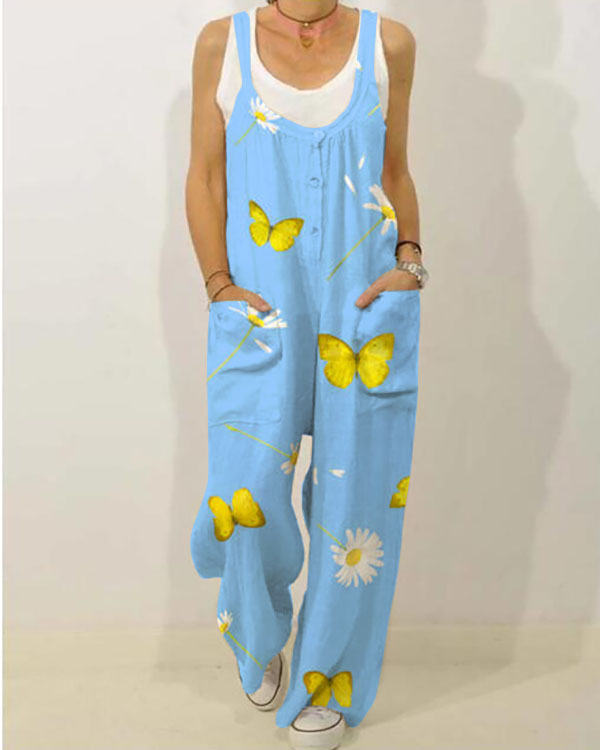 Butterfly Daisy Floral Pocket Relaxed Comfort Jumpsuit