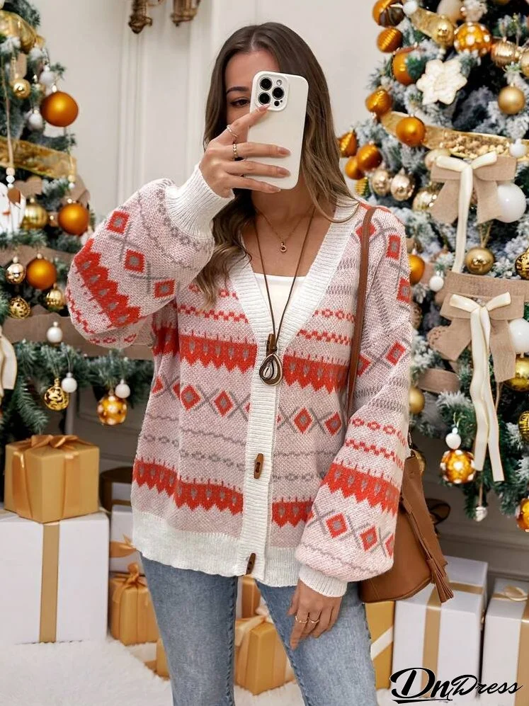 Women Geometric Pattern Drop Shoulder Casual Cardigan, Autumn/Winter