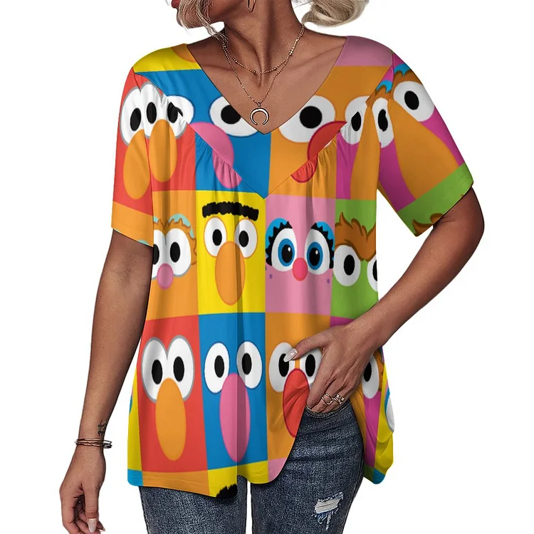 Funny Sesame Print Character Eyes Faces Pleated Front Shirt Blouse Women Dressy Casual V Neck Tunic Top - Heather Prints Shirts