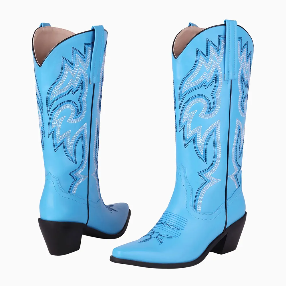 Mid Calf Block Heel Snip Toe Embroidered Blue Cowboy Boots for Women