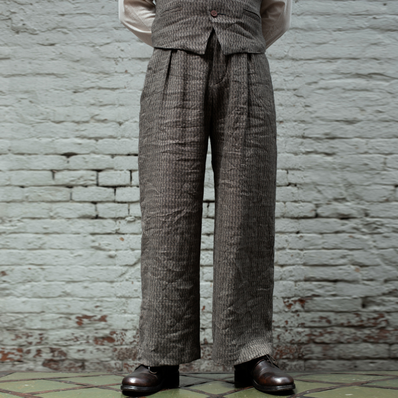 Men's Grey Herringbone Wool and Linen Wide Pants