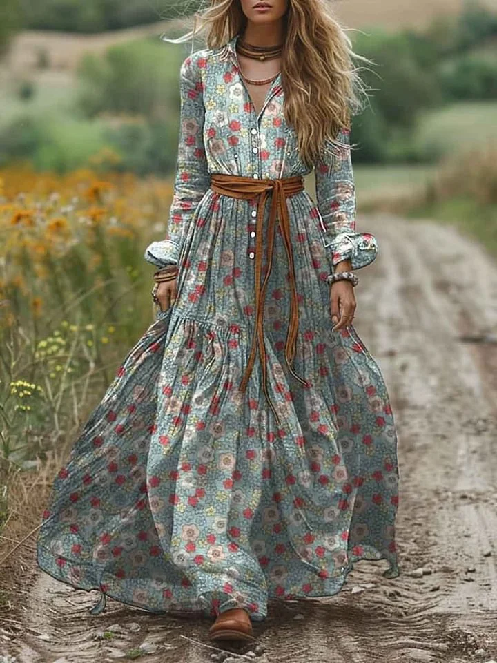 Women's Floral Print Pocket Cotton Shirt Dress