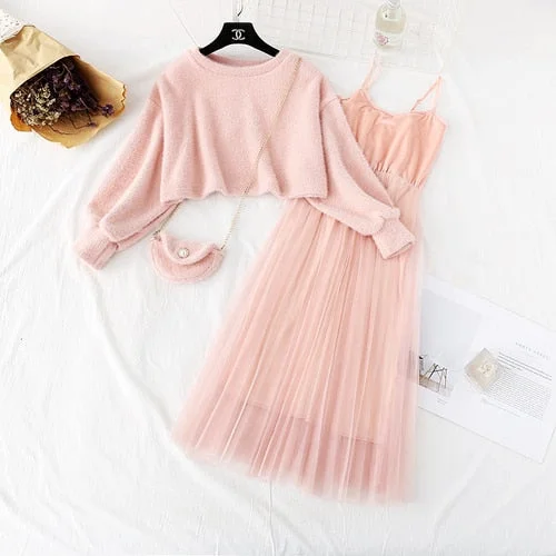 FTLZZ Autumn Winter Women Sweet Two Pieces Suit Knitted Sweater O Neck Sweaters and Dress Set Female Dress