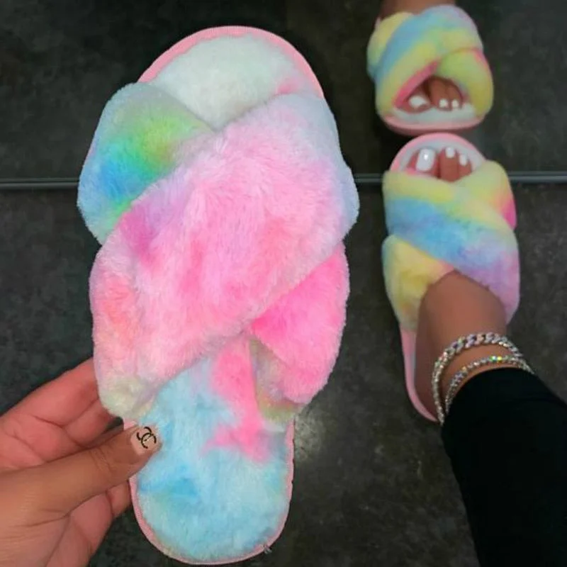 Winter Women Mix Colors Furry Slippers Flat Fluffy Soft Fur House Slides Floor Non Slip Warm Fashion Indoor Shoes Ladies Trend