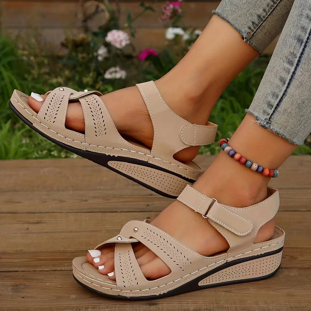 Smiledeer Summer Ladies Simple Velcro Wedge Open Toe Beach Sandals