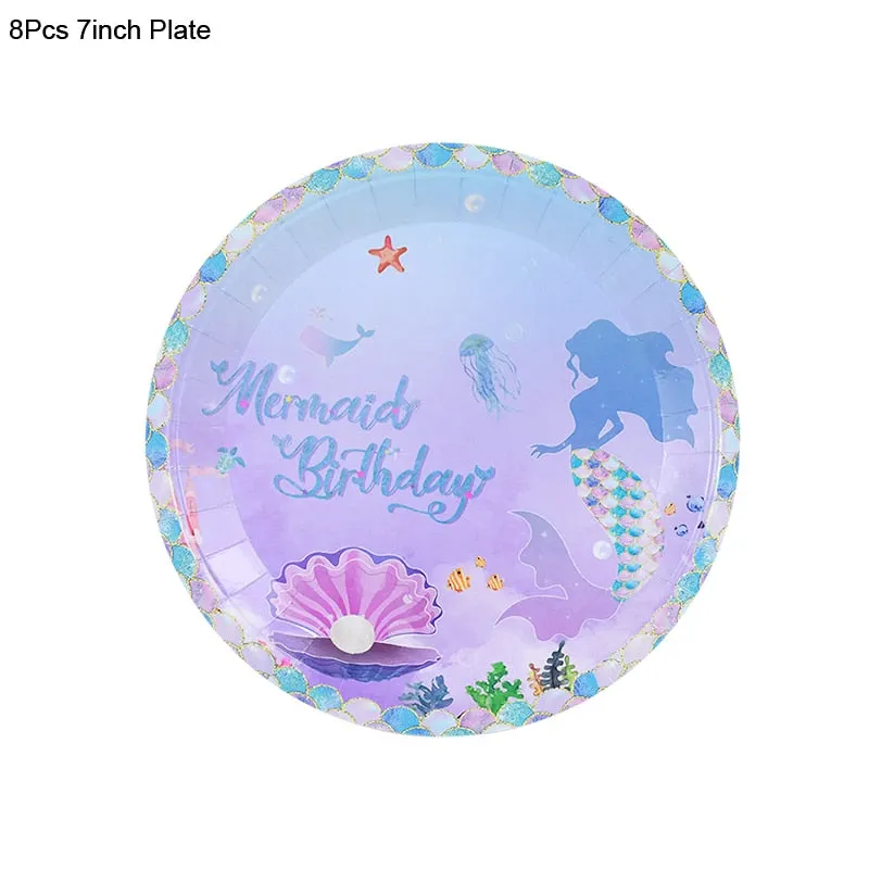 Mermaid Birthday Party Disposable Tableware Set Under The Sea Party Little Mermaid Girls 1st Birthday Decoration Shell Balloons
