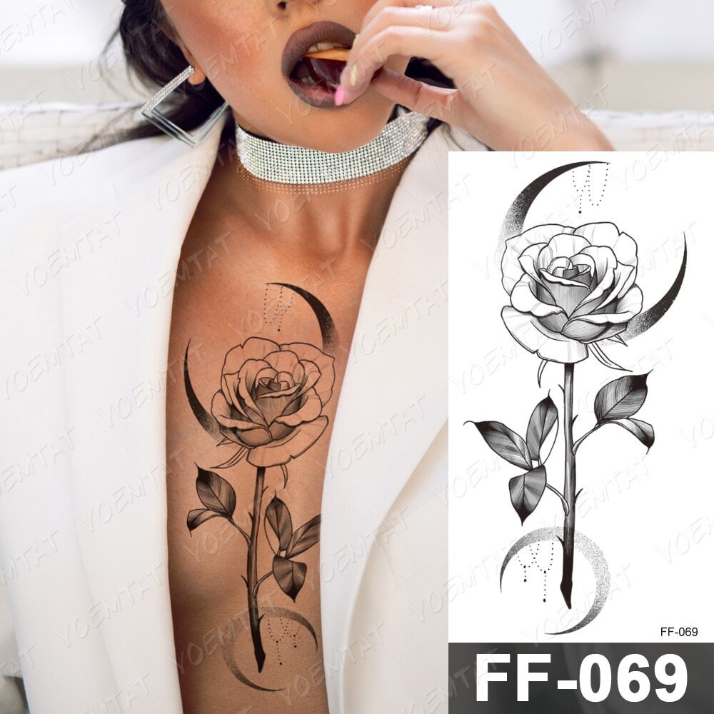 Waterproof Temporary Tattoo Sticker Rose Flower Moon Pearl Chain Flash Tattoo Female Black Sexy Body Art Chest Fake Tattoo Women