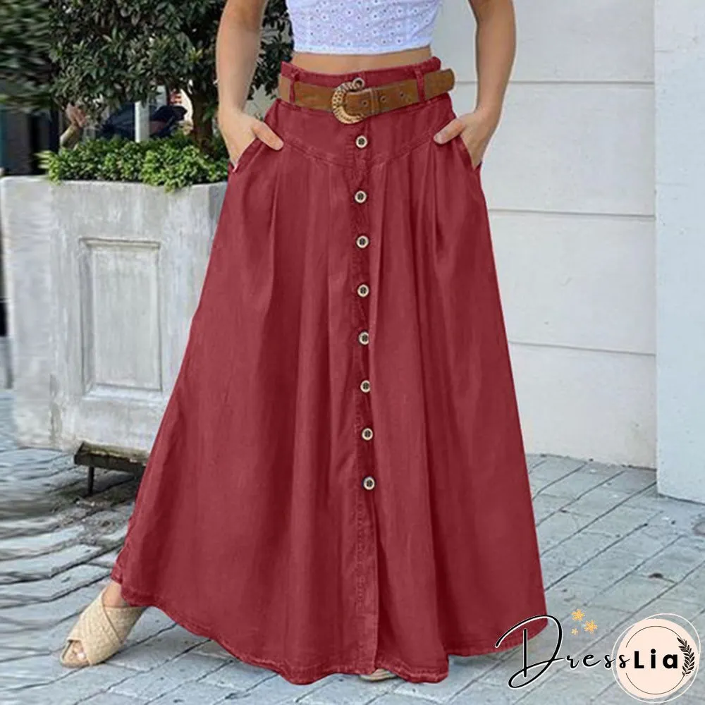 Women Fashion Solid Color Buttons Denim Long Skirts Vintage Long Dresses
