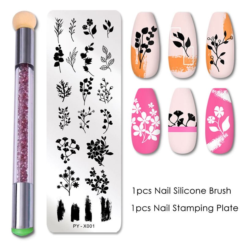2Pcs Nail Stamping Plates Set Silicone Sponge Brush Polish Transfer Stencils Flower Geometry DIY Template for Nail Tool