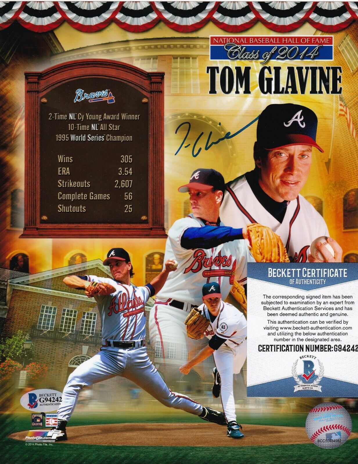 TOM GLAVINE ATLANTA BRAVES HOF 2014 BECKETT AUTHENTICATED ACTION SIGNED 8x10