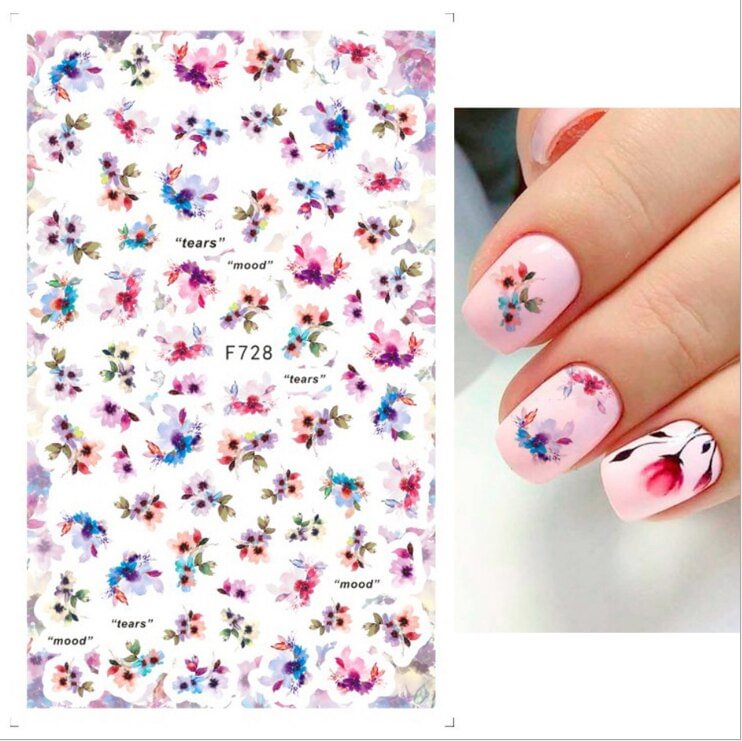 Nail Stickers Back Glue Colorful Flowers Green Leaves Designs Nail Decal Decoration For Nail Tips Beauty