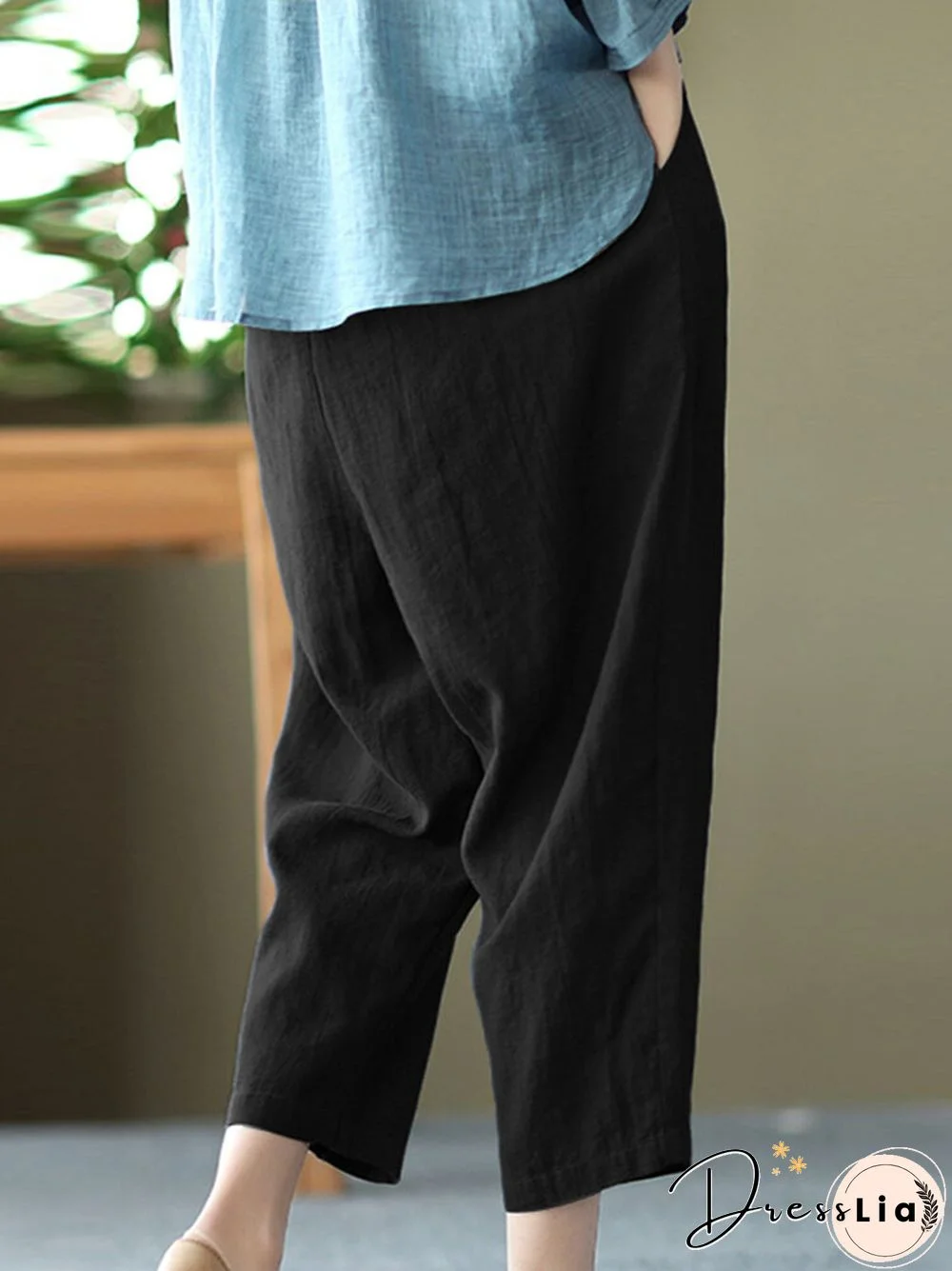 Women Solid Pocket Elastic Waist Casual Harem Pants