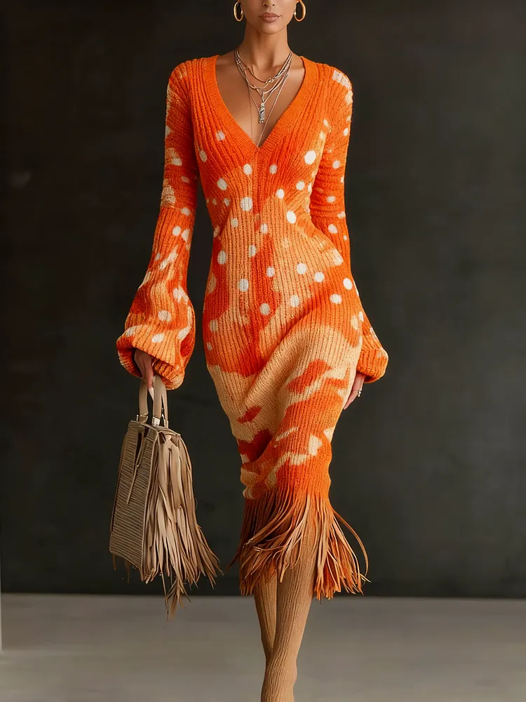 Printed Textured Knitted Tassel Hem Long Sleeve Midi Dress
