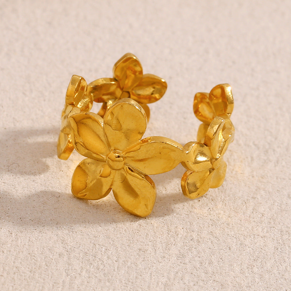 Hot Selling Niche Design Fashion Hand Stainless Steel Plated 18K Gold Flower Open Ring