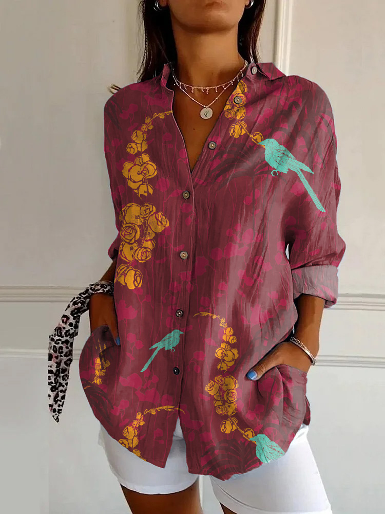 Japanese Classic Little Sparrow Print Casual Long-sleeved Shirt