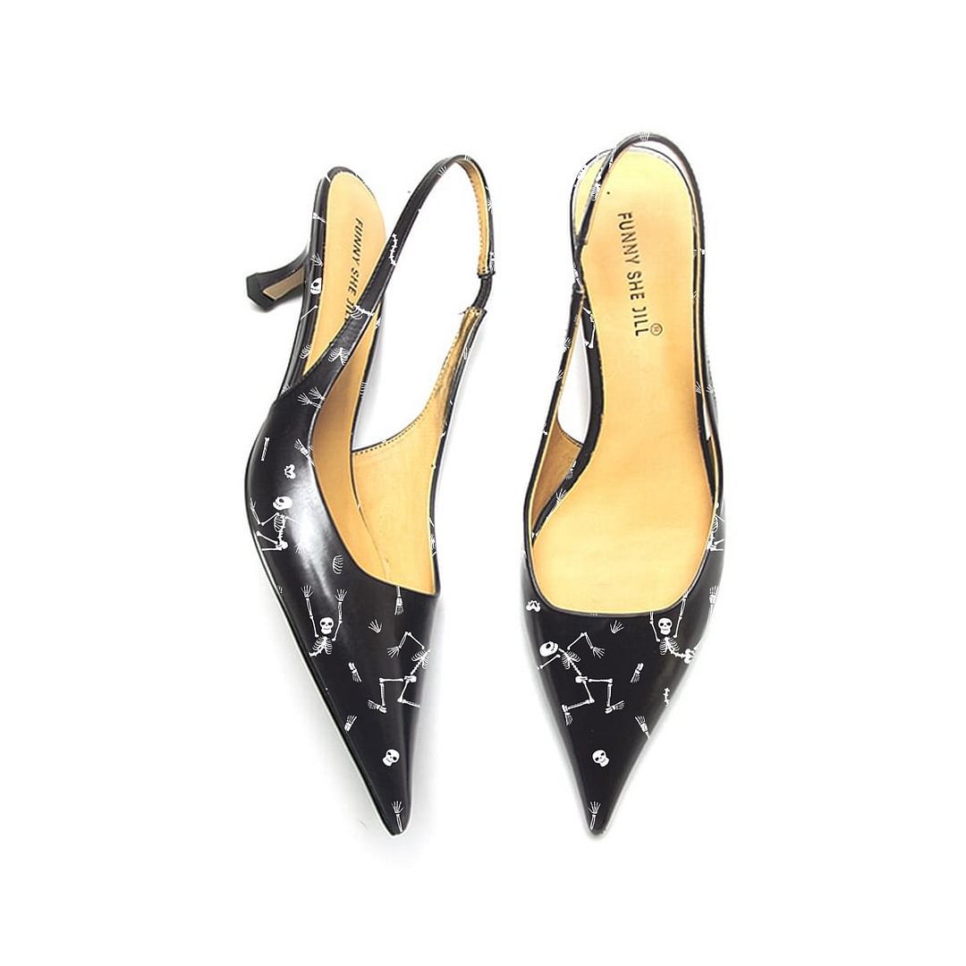 Black Bottom Cartoon Pattern Patent Leather Pointed Toe Elegant Kitten Heel Nicepairs