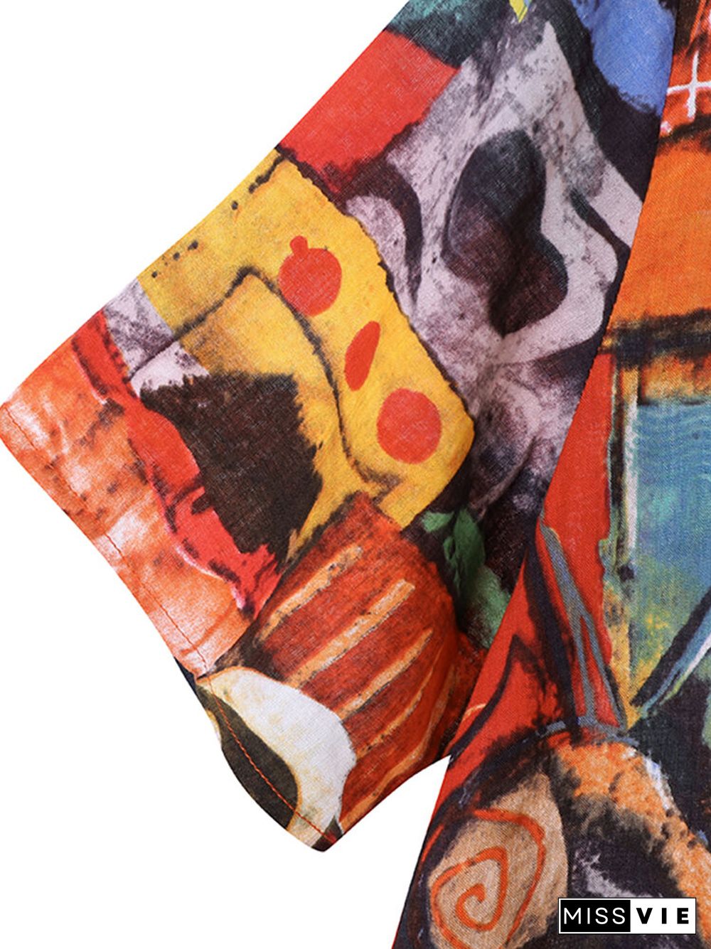 Abstract Painted Pocket Split Wide Leg Short Sleeve Suit