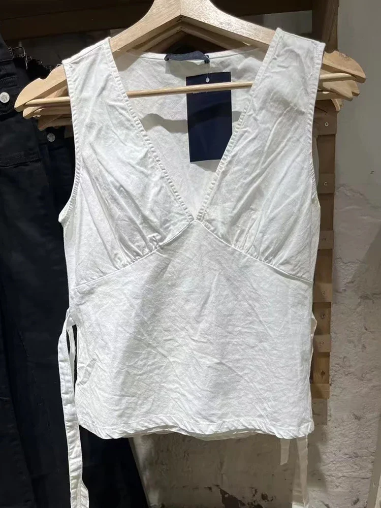 Women White Deep V Neck Tanks Sexy Cotton Slim Tank Tops Vintage Solid Sweet Vest