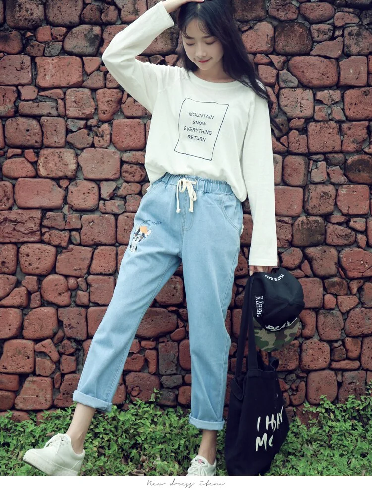 Jeans Women Cat Printed Kawaii Simple Korean Style Zipper Fly Breathable Soft Trendy Leisure Pockets Jean Womens Lovely Chic