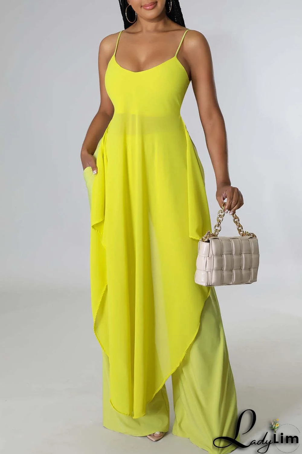 Tangerine Casual Solid Split Joint Asymmetrical Spaghetti Strap Sleeveless Two Pieces