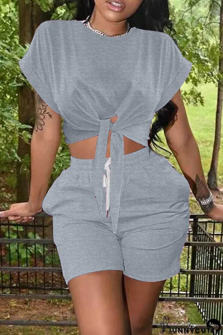 Grey Fashion Casual Solid Bandage O Neck Short Sleeve Two Pieces
