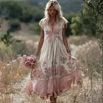 Boho Pink Floral Embroidered Lace Trim Flowy Linen Maxi Dress - Image 2