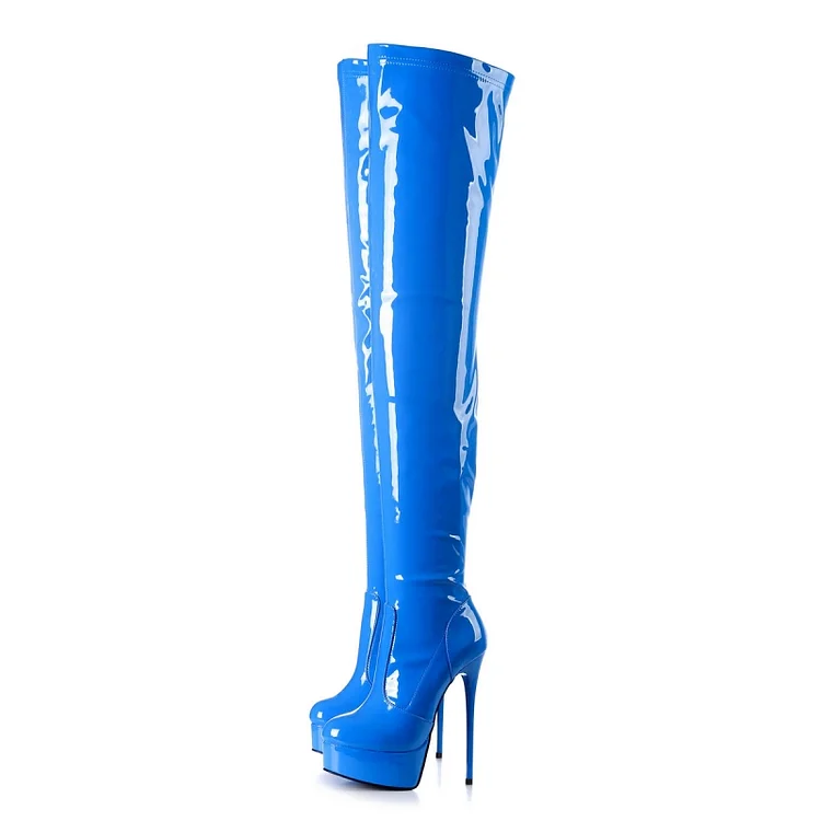 Blue Patent Leather Platform Thigh High Heel boots |FSJ Shoes