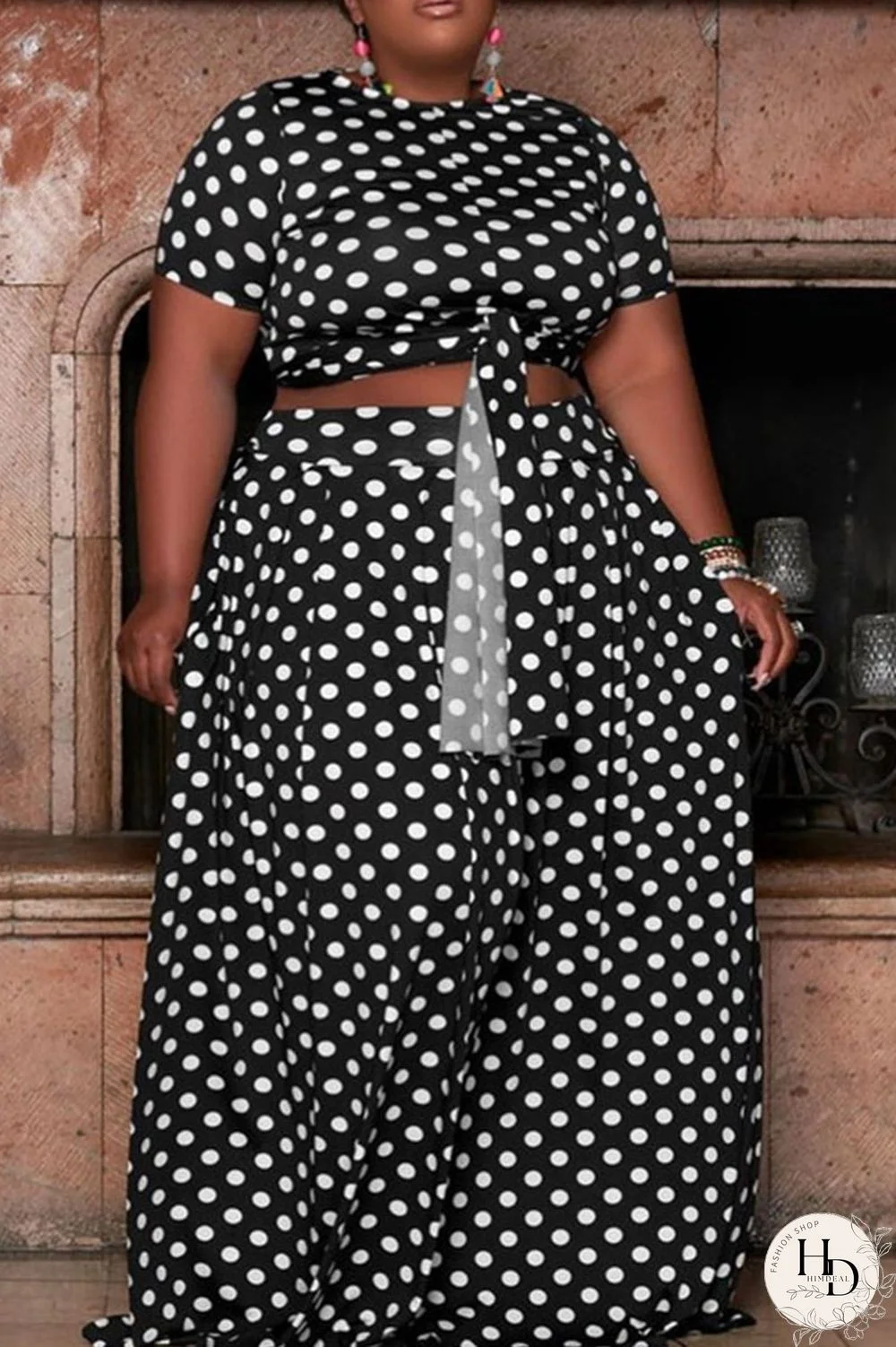 White Sweet Print Polka Dot Bandage Patchwork O Neck Straight Plus Size Two Pieces