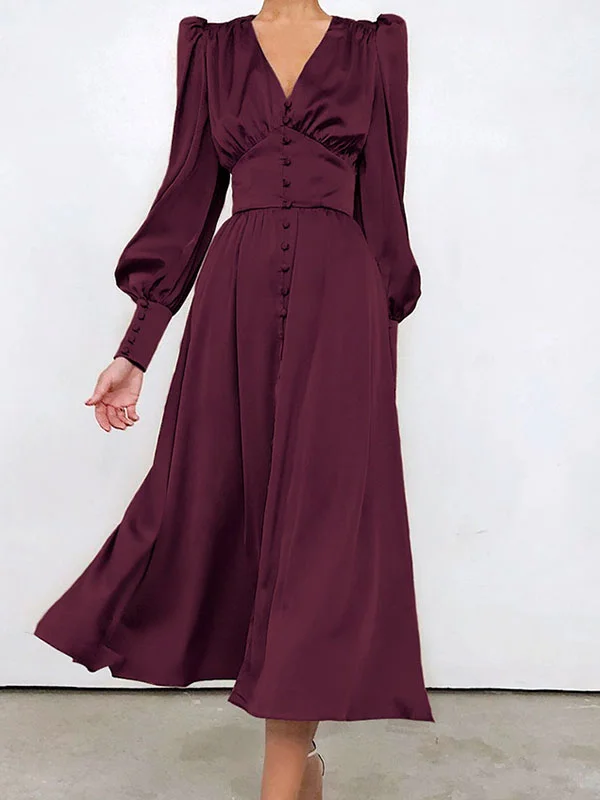 Retro Solid Color V-Neck Midi Dress - yankia