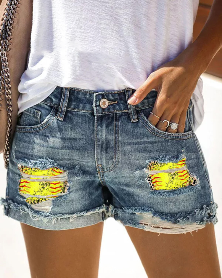 Printed Cuffed Ripped Denim Shorts