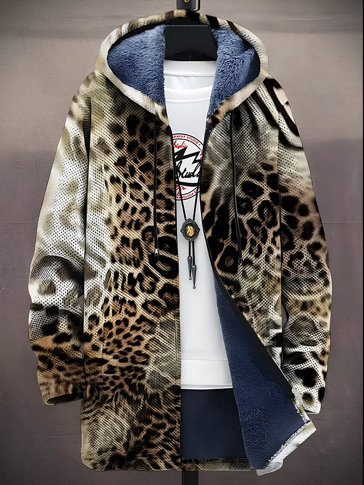 Men's Vintage Leopard Print Hooded Trench Coat