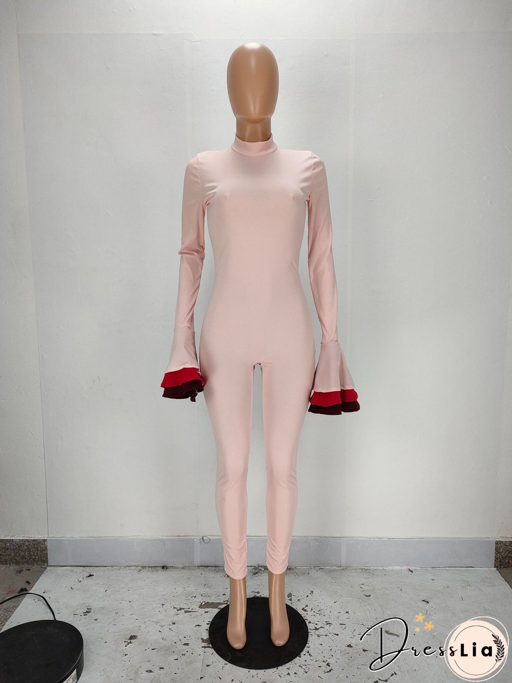 Matching Color Flared Sleeve High Waist Bodycon Jumpsuit