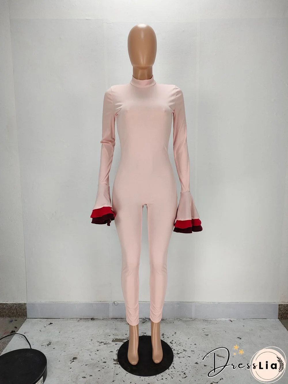 Matching Color Flared Sleeve High Waist Bodycon Jumpsuit