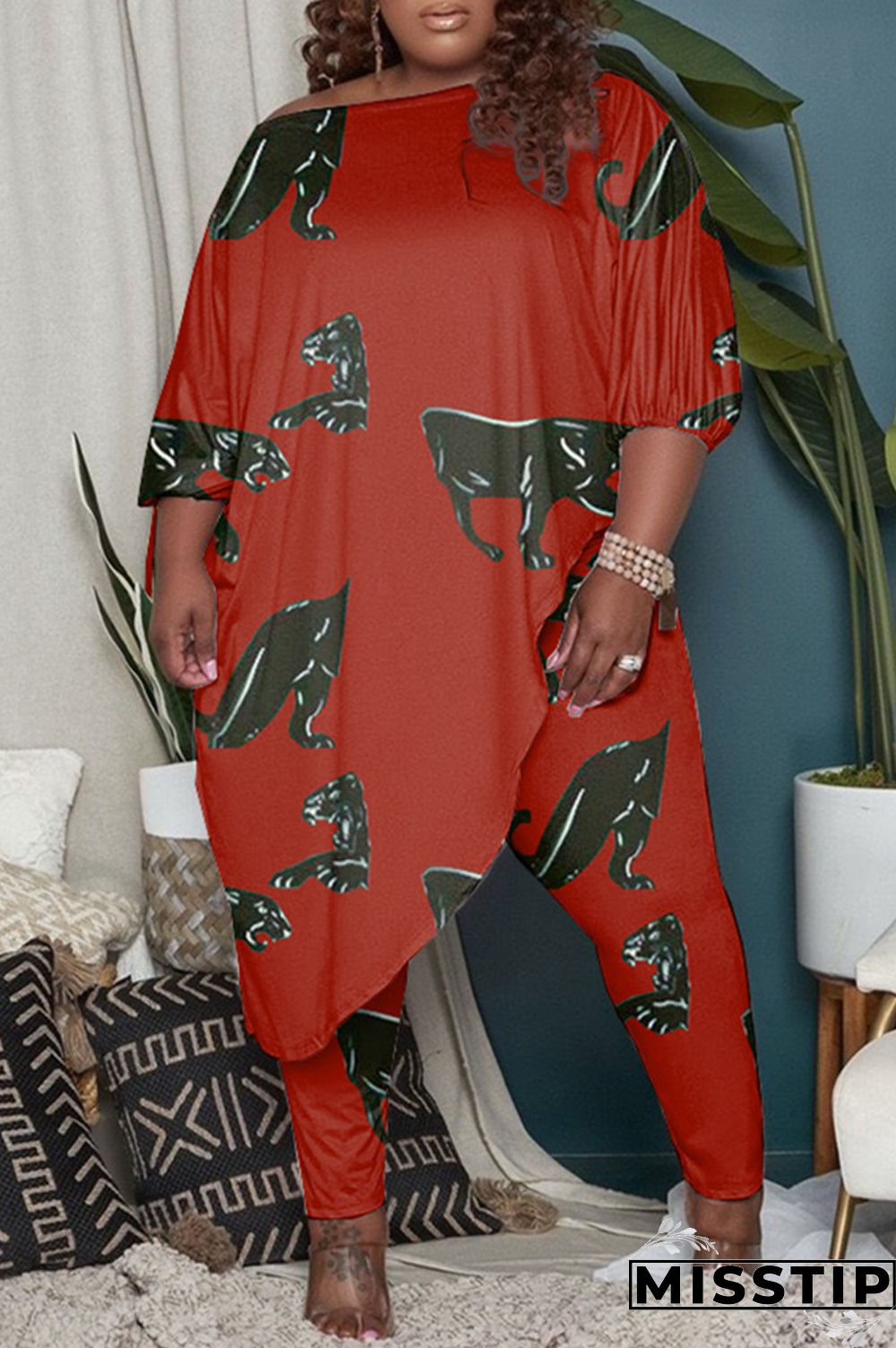 Orange Fashion Casual Print Asymmetrical O Neck Plus Size Two Pieces