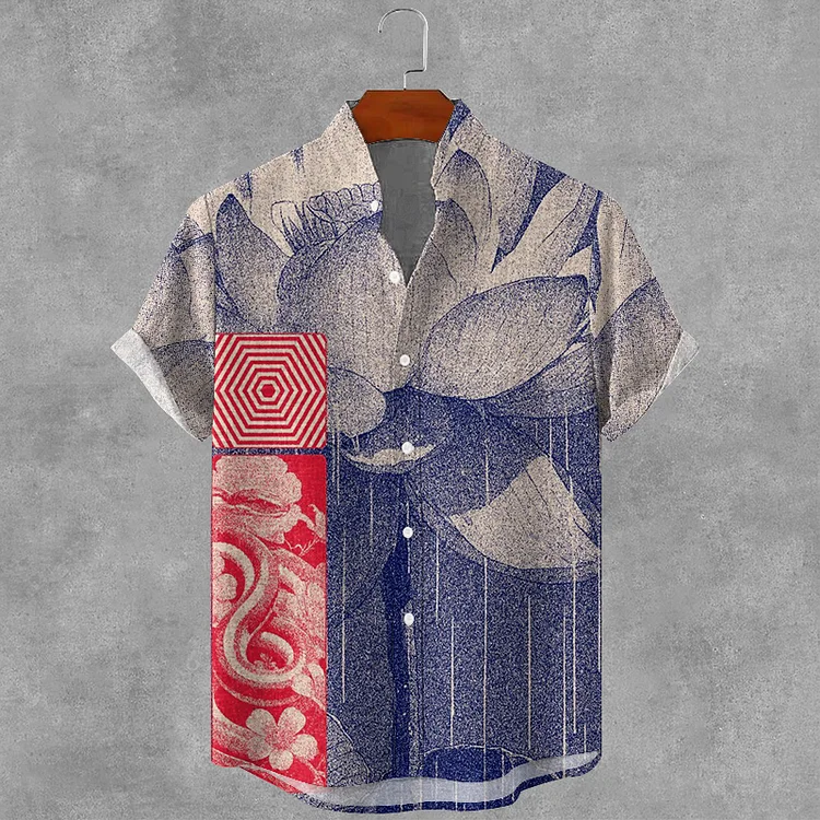 Simpfit Herrenhemd mit lässigem Print im Lotusblumen-Kunstdruck