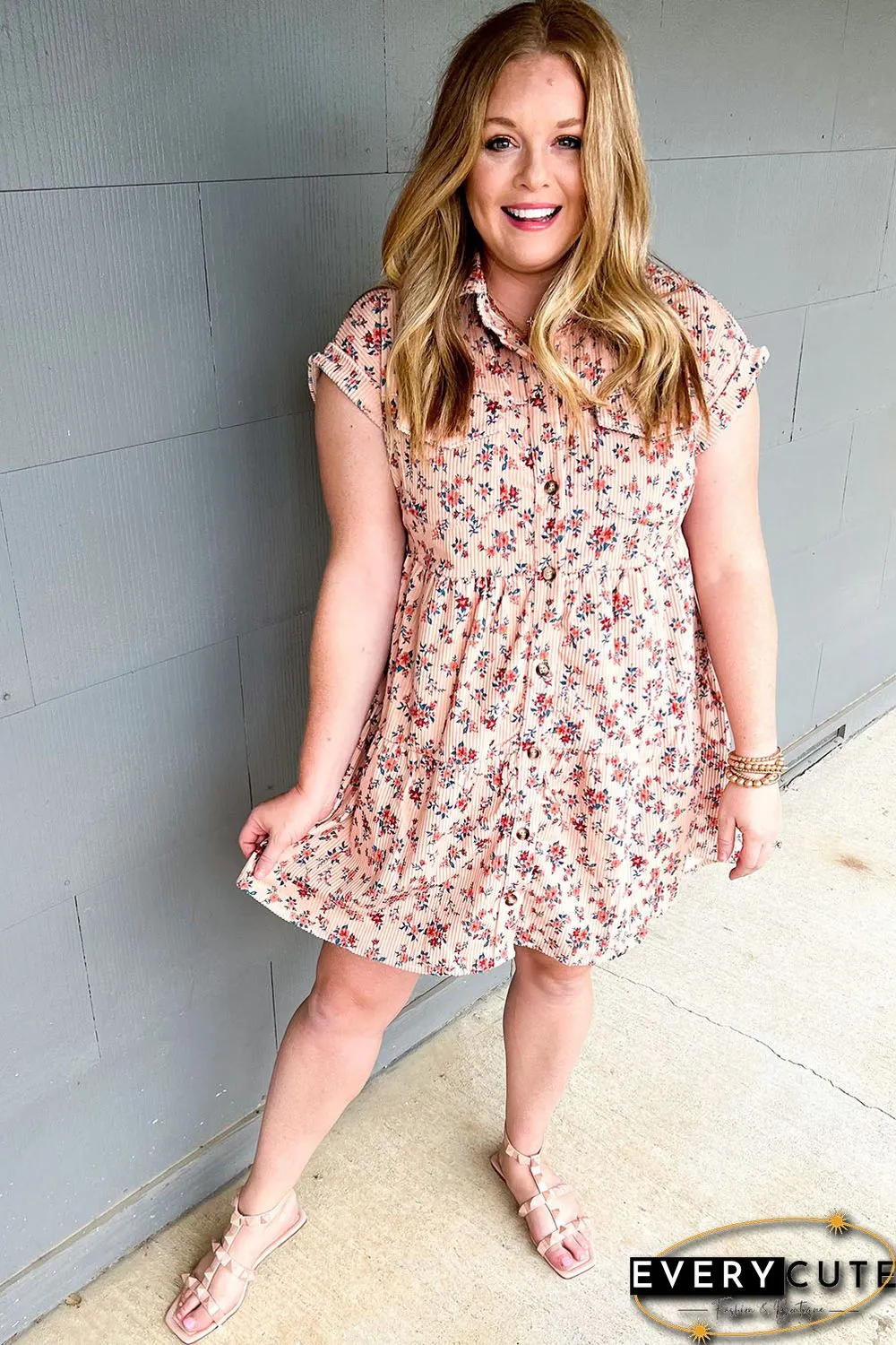 Pink Short Sleeve Flap Pockets Shirt Floral Dress