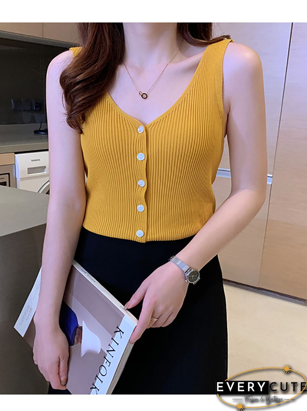 Heliar Women Summer Button Up Casual Tank Tops Plain Knitted Tops Women V-Neck Tops Summer Women Cloth