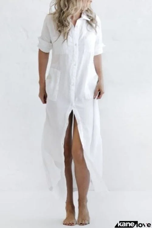 Linen Button Pockets Shirt Maxi Dress