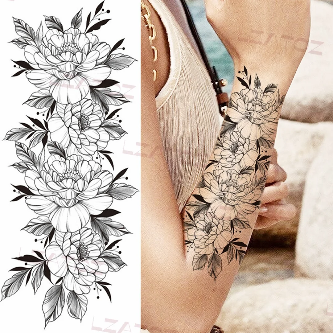 Sdrawing Big Letters Temporary Tattoos For Men Women Moon Pendant Peony Fake Tattoo Sticker Custom Armband Fashion Disposable Tatoo