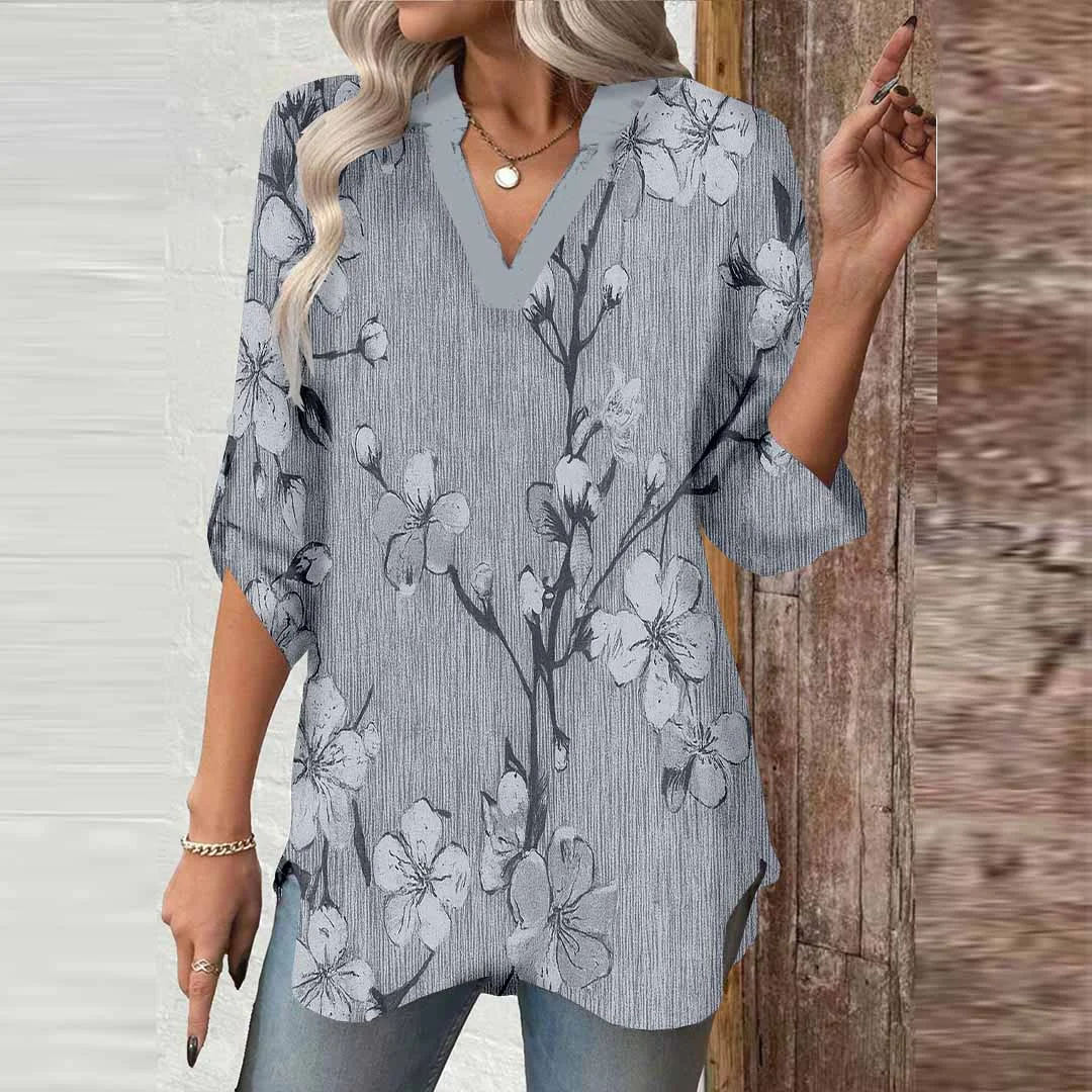 Women Floral,Grey DZGA0681 3/4 Sleeve V-neck Printed Graphic Button Tops