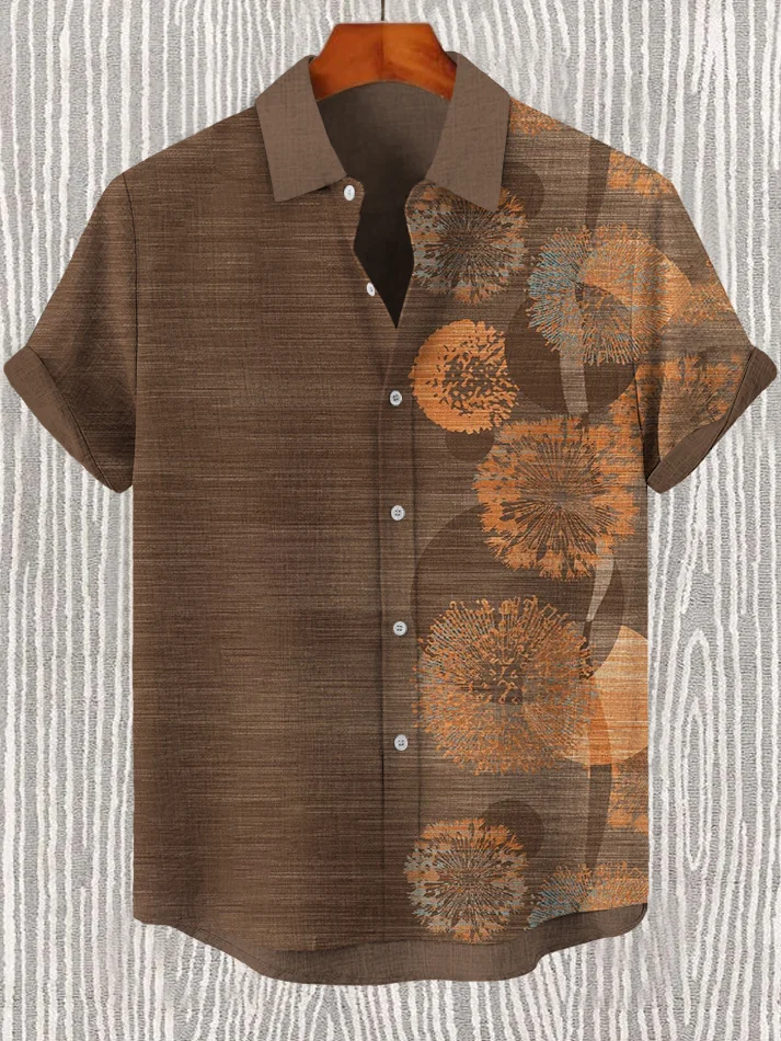 Men's Vintage Dandelion Art Print Short Sleeve Casual Shirt