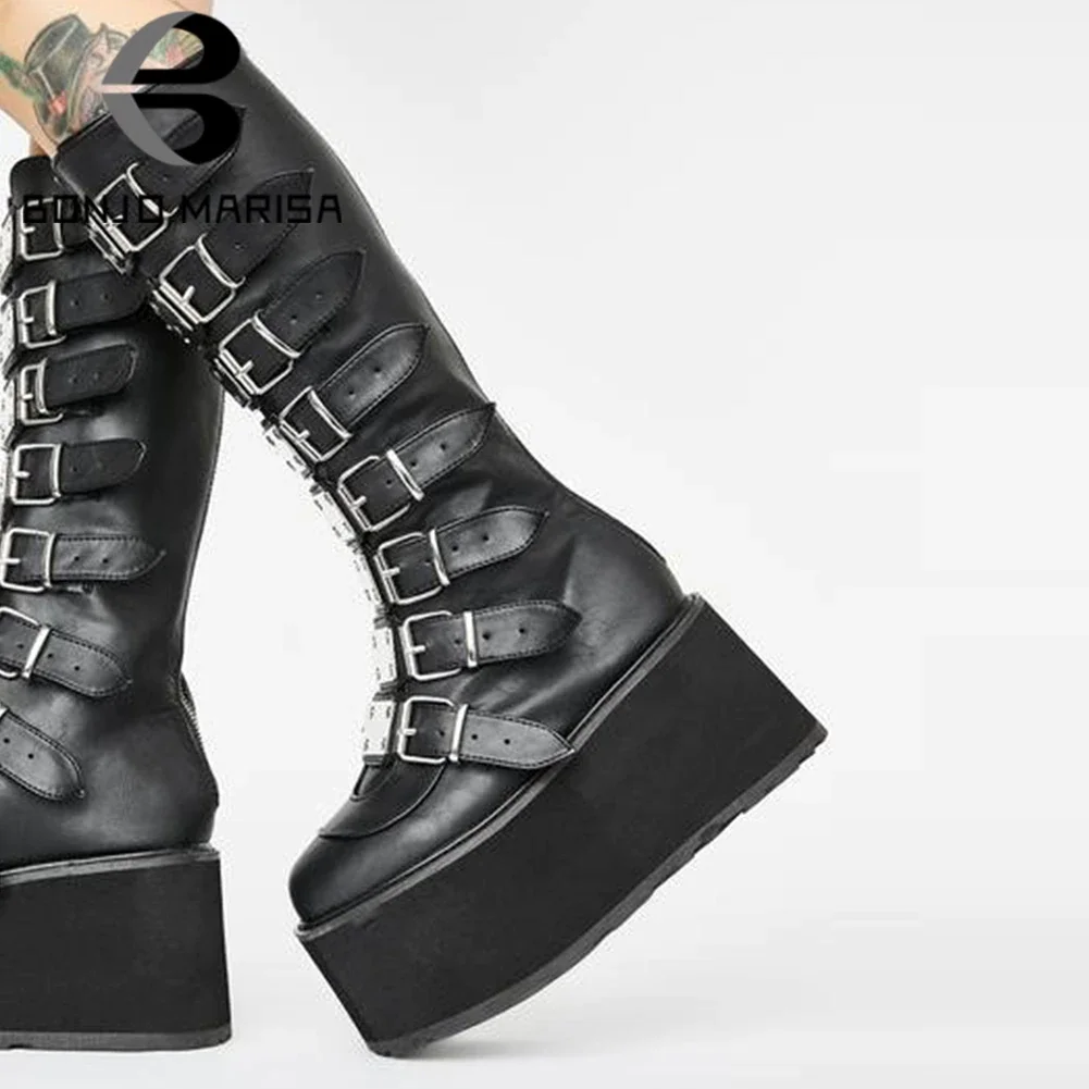 Qengg Plus Size 50 Brand Luxury Design Platform Thick Heel Mid Calf Boots Women Punk Cool Gothic Black Buckle Shoes Woman