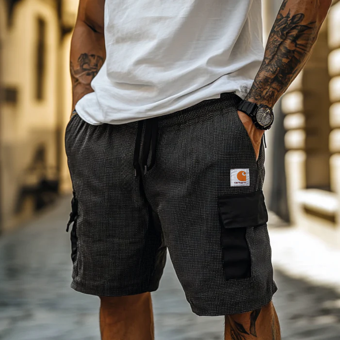 Men's Casual Cotton Blend Houndstooth Patchwork Elastic Waist Drawstring Cargo Shorts
