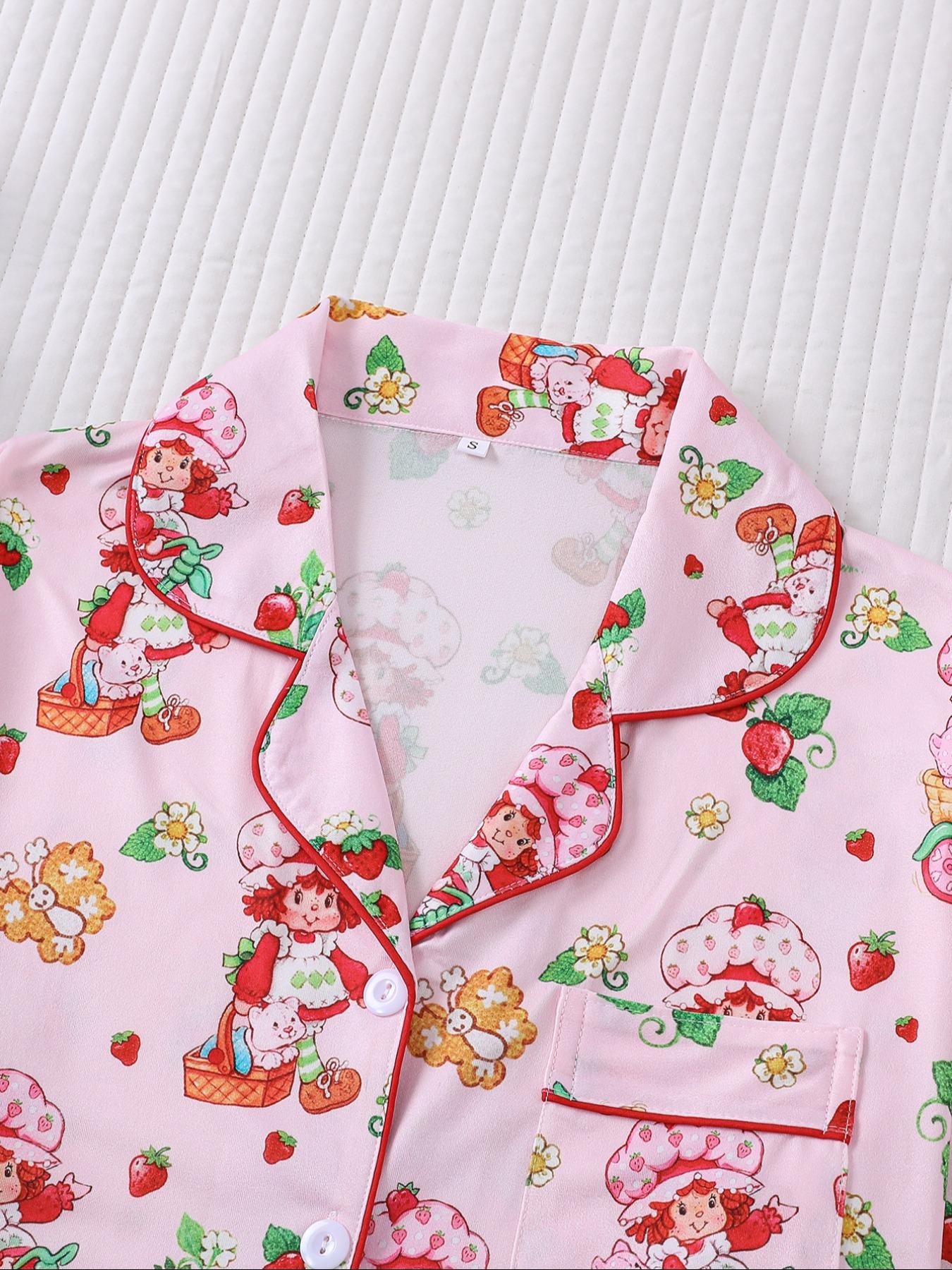 Women's Cute Strawberry Pattern Print Sleepwear Set, Long-Sleeve Button-Up Top & Elastic-Waist Pants, Casual Fall Winter Pajamas Pjs, Comfortable Home Wear Loungewear