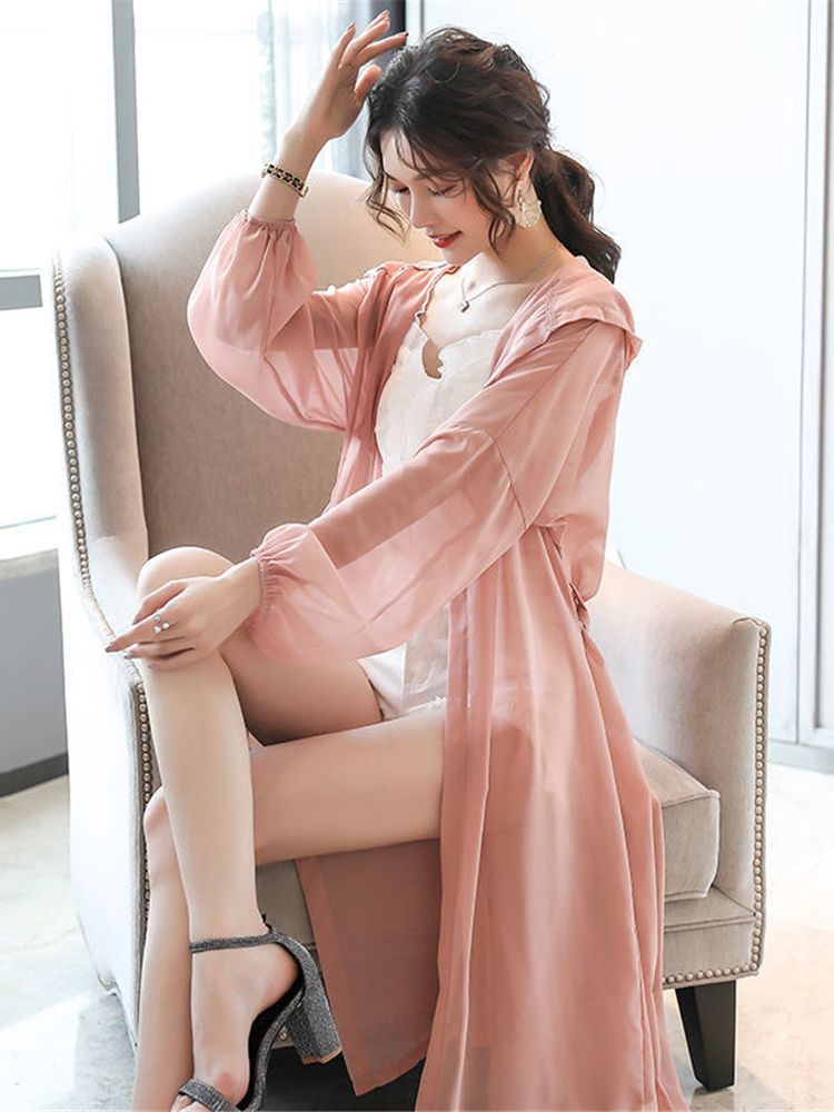 Ballifyex 2025 Fashion Women Blouse Summer Puff Sleeve Simple Loose Chiffon Shirt Cardigan Hooded Long Kimono Ladies Tops Sun-protective