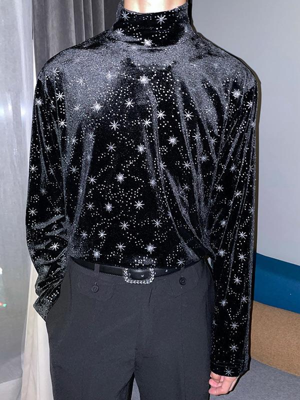 Aonga - Mens Turtleneck Velvet Glittering Long Sleeve T-ShirtI aonga
