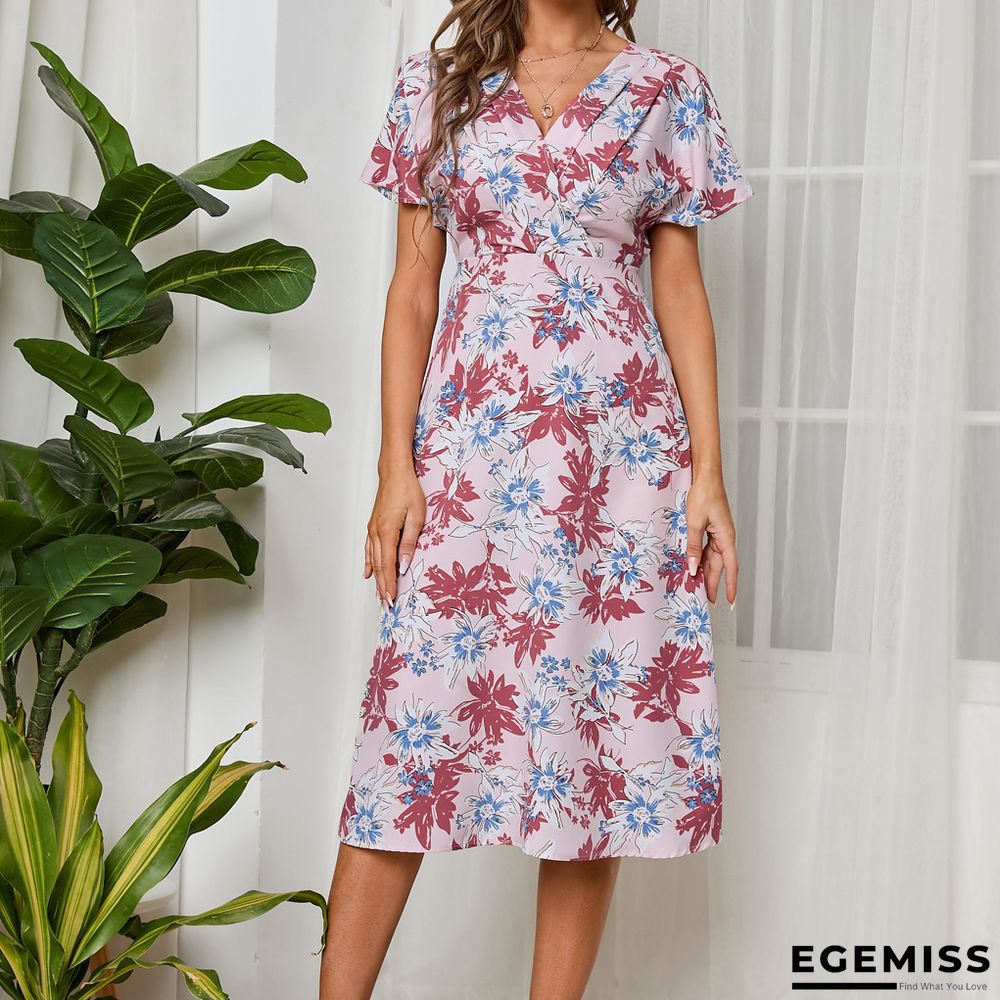 Chiffon V-neck Short Sleeve Big Swing Printed Dress | EGEMISS