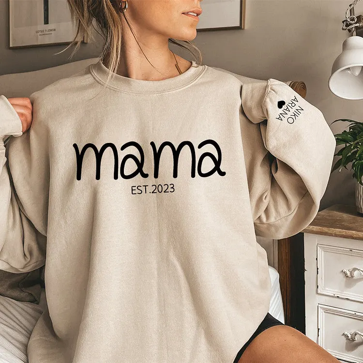 Custom Chest Text Est Year Mama Sweatshirt, Custom Mother's Day Sweatshirt, with Children's Names on the Sleeve
