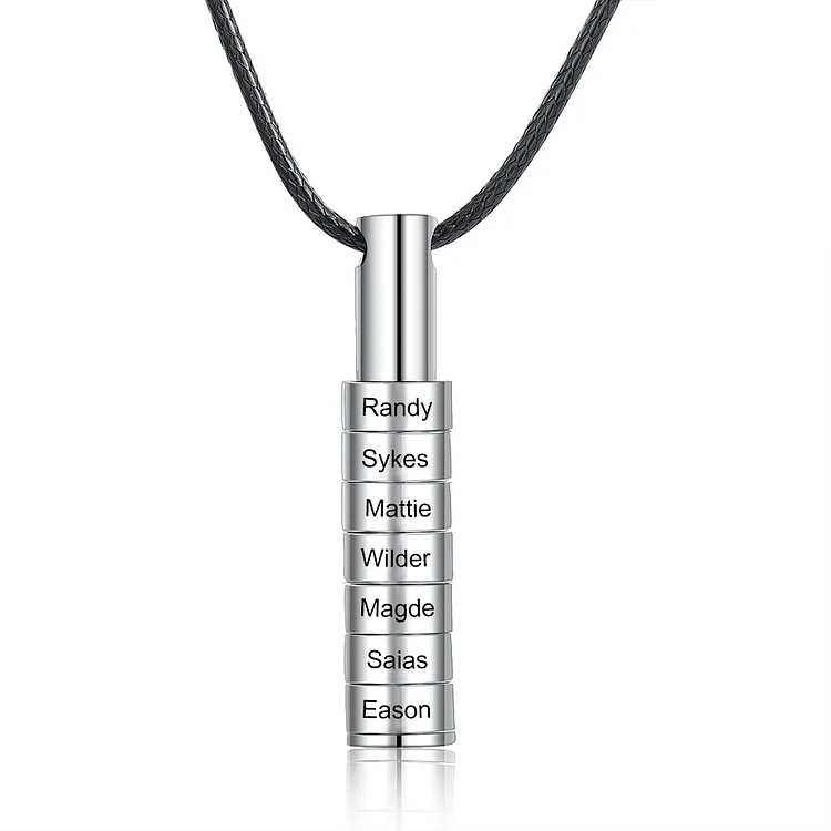 Personalized Vertical Cylinder Pendant Necklace with Beads Engraved 7 Names Men's Necklace for Him