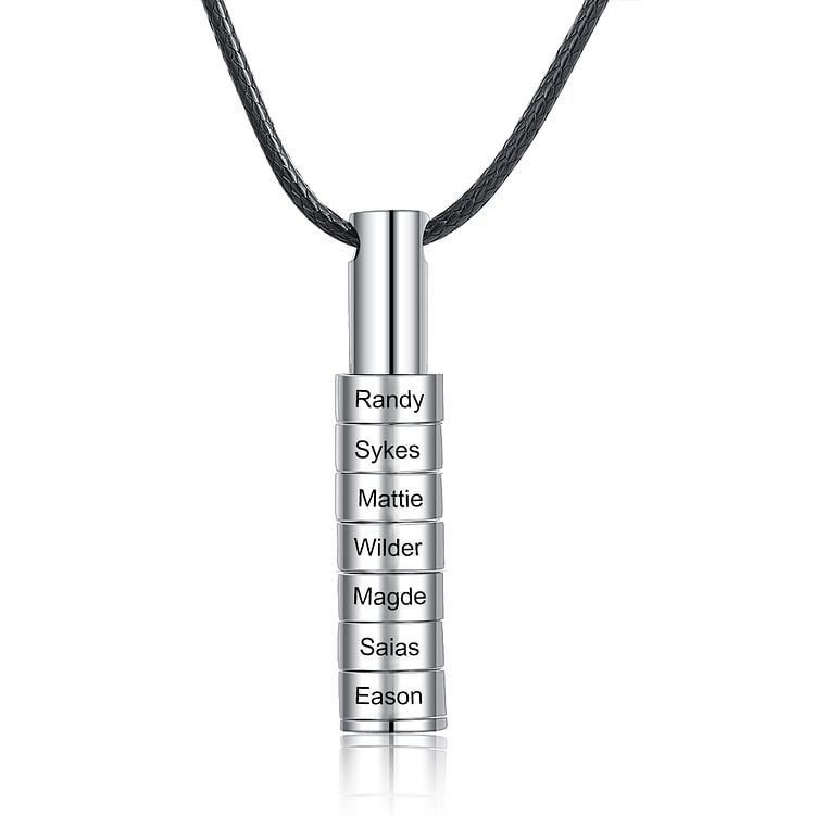 Personalized Engraved Cylinder Bar 7 Names Necklace Men - Family Long Vertical Bar Cylindrical Necklace
